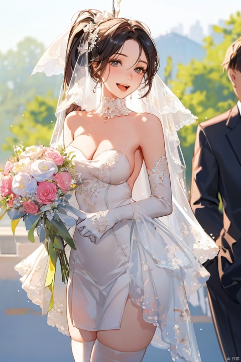 1girl, solo, long hair, breasts, looking at viewer, blush, smile, open mouth, black hair, hair ornament, thighhighs, white background, dress, holding, very long hair, standing, flower, small breasts, choker, hair flower, white dress, white thighhighs, veil, bouquet, wedding dress, bridal veil, holding bouquet, bride, aris \(blue archive\)