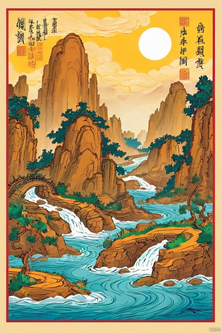  by chi4, (score_9,score_8_up,score_7_up,score_6_up,score_5_up), ancient chinese style,  
Above, the dragon of the sun and the phoenix of moon return to their lofty standard; below, there are rapids that rush against the current, turning back like a winding river,