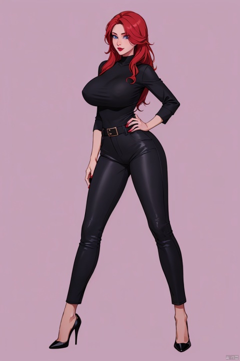  1girl, solo, long hair, breasts, looking at viewer, blue eyes, large breasts, simple background, shirt, long sleeves, standing, full body, red hair, pants, nail polish, black footwear, high heels, black shirt, makeup, lipstick, purple background, mature female, red lips, dachangtui, Anime, seductive eyes