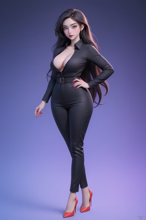  1girl, solo, long hair, breasts, looking at viewer, blue eyes, large breasts, simple background, shirt, long sleeves, standing, full body, red hair, pants, nail polish, black footwear, high heels, black shirt, makeup, lipstick, purple background, mature female, red lips, dachangtui