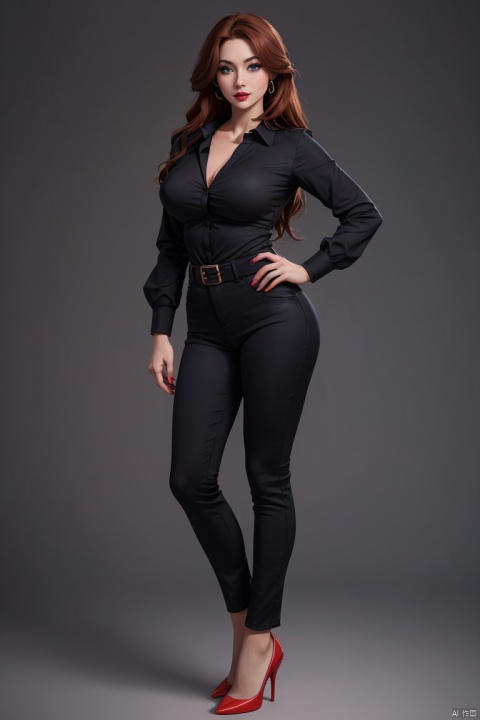  1girl, solo, long hair, breasts, looking at viewer, blue eyes, large breasts, simple background, shirt, long sleeves, standing, full body, red hair, pants, nail polish, black footwear, high heels, black shirt, makeup, lipstick, purple background, mature female, red lips, dachangtui