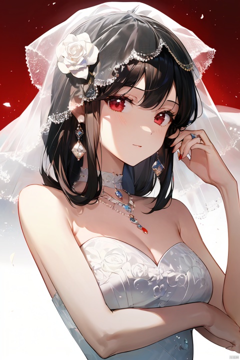 1girl, by mon,amazing quality,photorealistic,detailed,beautiful color,beautiful,solo, long hair, breasts, bangs, brown hair, black hair, hair ornament, red eyes, dress, bare shoulders, jewelry, closed mouth, upper body, flower, earrings, choker, hair flower, white dress, hands up, strapless, profile, rose, white flower, veil, strapless dress, wedding dress, bridal veil, yor briar
