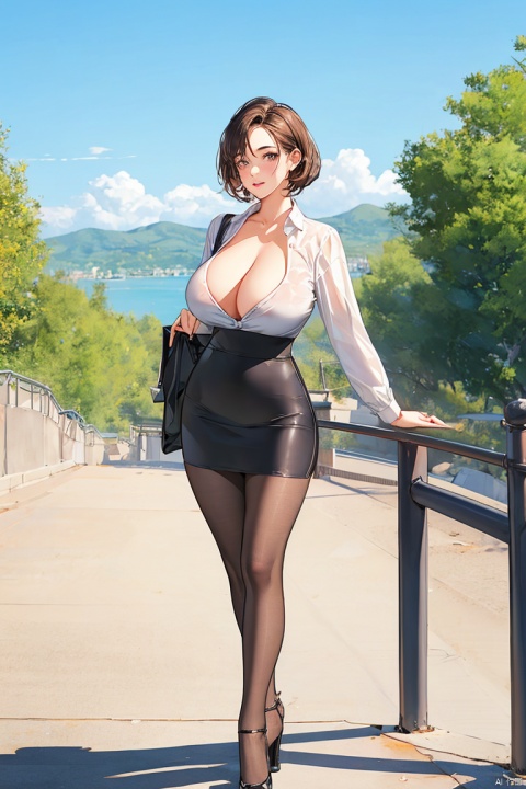  1girl, solo, breasts, looking at viewer, blush, short hair, bangs, skirt, large breasts, brown hair, shirt, long sleeves, cleavage, brown eyes, standing, full body, white shirt, pantyhose, thighs, outdoors, parted lips, sky, day, collared shirt, miniskirt, black skirt, black footwear, huge breasts, high heels, covered nipples, tree, blue sky, see-through, black pantyhose, dress shirt, hand on own chest, pencil skirt, high-waist skirt, bush, office lady, button gap