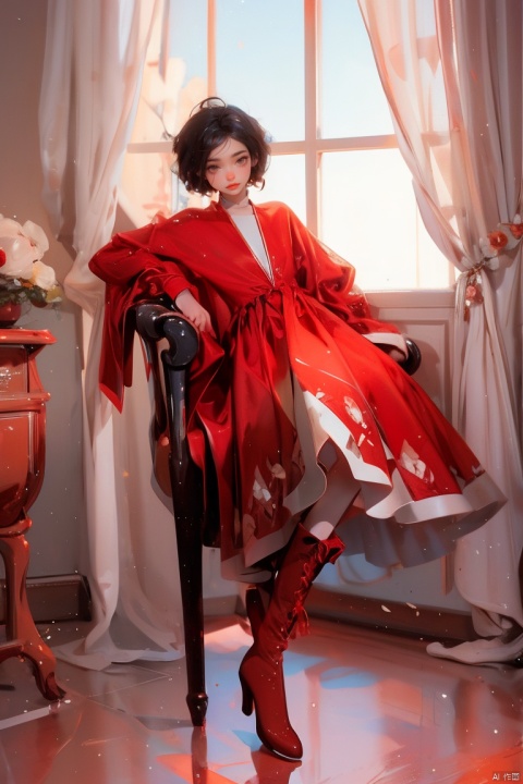 1girl, solo, looking at viewer, short hair, black hair, long sleeves, dress, brown eyes, sitting, full body, boots, indoors, high heels, red dress, white footwear, knee boots, curtains, high heel boots