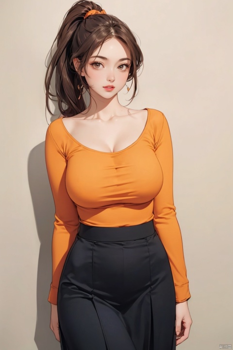 1girl, solo, long hair, breasts, looking at viewer, skirt, brown hair, shirt, black hair, brown eyes, collarbone, ponytail, parted lips, huge breasts, long skirt, brown skirt, mature female, arm under breasts, orange shirt, holding own arm