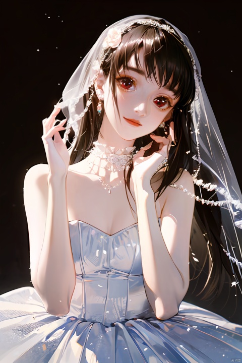  1girl, by ajimita, amazing quality,photorealistic,detailed,beautiful color,beautiful,solo, long hair, breasts, bangs, brown hair, black hair, hair ornament, red eyes, dress, bare shoulders, jewelry, closed mouth, upper body, flower, earrings, choker, hair flower, white dress, hands up, strapless, profile, rose, white flower, veil, strapless dress, wedding dress, bridal veil, yor briar, qianjin