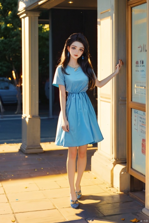 1girl, by 3meiji,amazing quality,photorealistic,detailed,beautiful color,beautiful,solo, long hair, breasts, looking at viewer, black hair, dress, standing, full body, short sleeves, lips, blue dress, shadow, short dress, white footwear, blue shirt, realistic, arms at sides