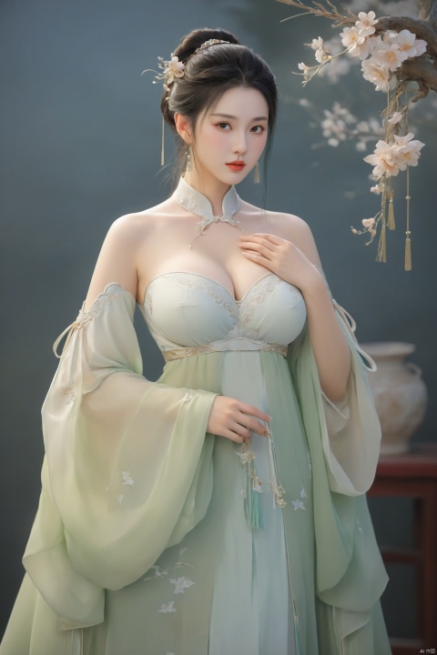  Best quality,realistic,photorealistic,masterpiece,extremely detailed CG unity 8k wallpaper,best illumination,best shadow,huge filesize,incredibly absurdres,absurdres,looking at viewer, smog,gauze,vase,petals,traditional chinese room,detailed background,wide shot background, 1gilr,Hairpins,hair ornament,slim,narrow waist,(huge and plump breasts:1.8),perfect eyes,beautiful perfect face,perfect female figure,detailed skin,delicate pattern,detailed complex and rich exquisite clothing detail, LU, arien_hanfu