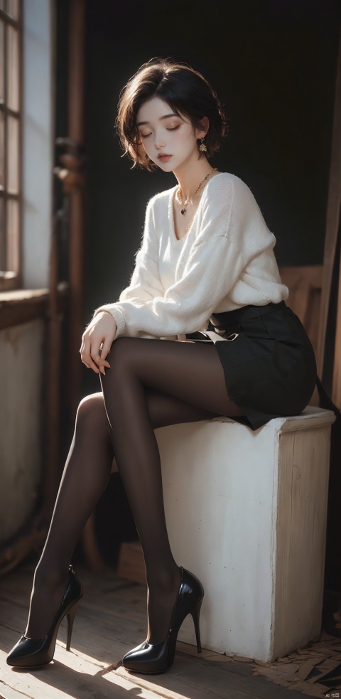 1girl, solo, short hair, skirt, black hair, long sleeves, jewelry, sitting, full body, closed eyes, pantyhose, earrings, black skirt, black footwear, high heels, sweater, black pantyhose