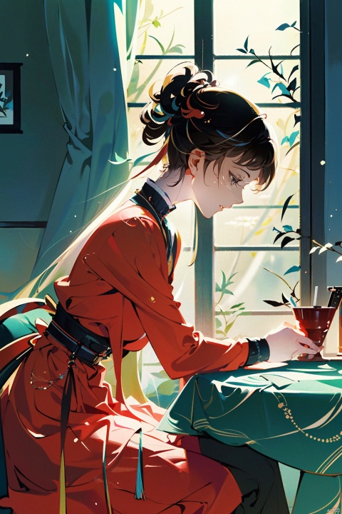 by yoneyama mai, A young girl with short, brown hair sits comfortably indoors, wearing a pink shirt. She has her closed eyes and is relaxed, cradling a cup in one hand. Next to her, a boy sits with a few days' worth of scruffy facial hair, holding onto the edge of the table as if lost in thought. The warm glow of natural light pours in through the window, casting a cozy ambiance over the quiet scene.