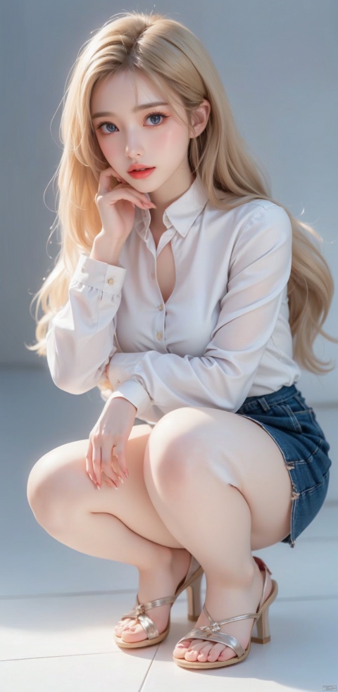 1girl, solo, long hair, looking at viewer, blue eyes, skirt, blonde hair, shirt, long sleeves, full body, parted lips, high heels, lips, toes, sandals, squatting, white footwear, giltter shirt, toenails, realistic, toeless footwear, , gufengsw001, pantyhose