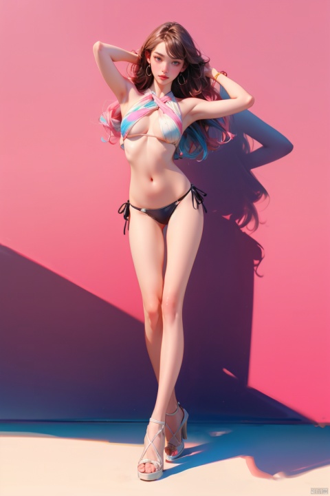 1girl, solo, long hair, breasts, looking at viewer, blush, bangs, blue eyes, large breasts, brown hair, black hair, navel, bare shoulders, jewelry, standing, swimsuit, full body, pink hair, bikini, thighs, multicolored hair, earrings, parted lips, armpits, water, stomach, high heels, arms up, groin, parted bangs, bare arms, bare legs, gradient hair, underboob, cameltoe, side-tie bikini bottom, halterneck, highleg, white footwear, string bikini, pink bikini, criss-cross halter, against wall, highleg bikini