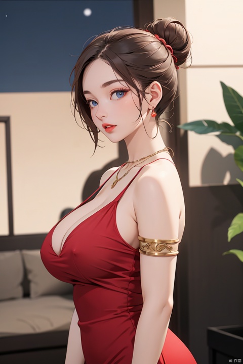 1girl, solo, breasts, looking at viewer, blue eyes, large breasts, brown hair, dress, bare shoulders, jewelry, upper body, earrings, parted lips, sleeveless, necklace, hair bun, from side, lips, see-through, night, red dress, single hair bun, armlet, red lips