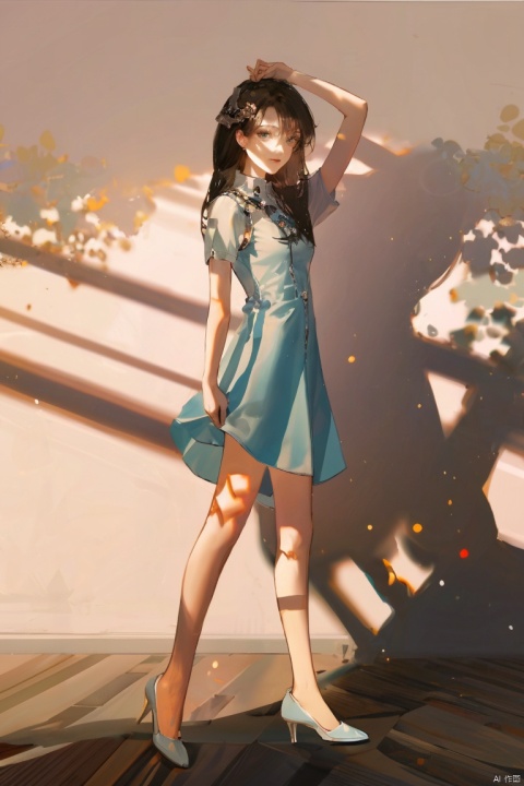 1girl, by sho,amazing quality,photorealistic,detailed,beautiful color,beautiful,solo, long hair, breasts, looking at viewer, black hair, dress, standing, full body, short sleeves, lips, blue dress, shadow, short dress, white footwear, blue shirt, realistic, arms at sides