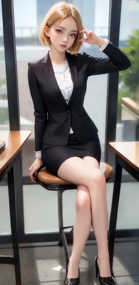 1girl, solo, breasts, looking at viewer, short hair, skirt, blonde hair, sitting, jacket, blue eyes, pantyhose, indoors, miniskirt, black skirt, high heels, black jacket, legs, window, chair, formal, table, crossed legs, suit, desk, pencil skirt, office lady, skirt suit, office