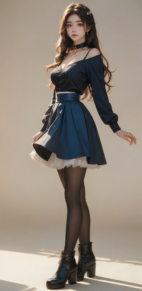  1girl, solo, long hair, breasts, looking at viewer, skirt, simple background, brown hair, shirt, long sleeves, white background, brown eyes, closed mouth, standing, full body, pantyhose, boots, choker, black skirt, black footwear, black choker, blue shirt, high-waist skirt, long skirt, brown pantyhose, Light master