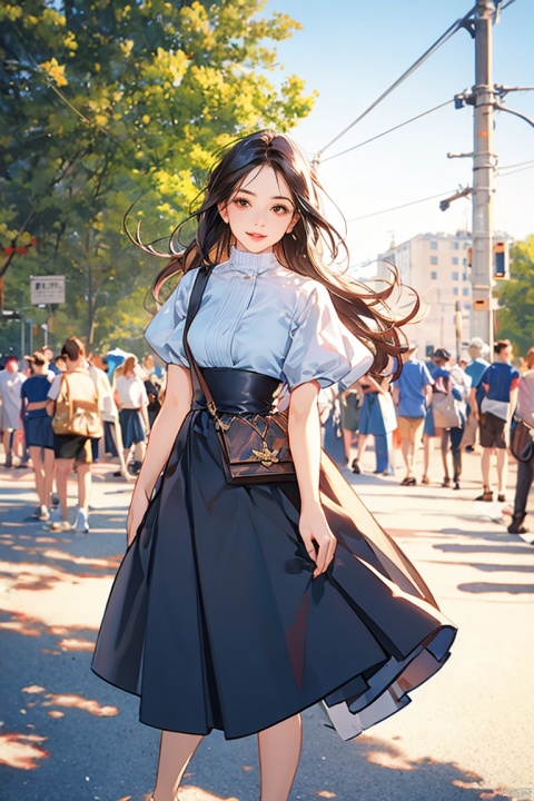  1girl, by sho,amazing quality,photorealistic,detailed,beautiful color,beautiful,solo, long hair, breasts, looking at viewer, black hair, dress, standing, full body, short sleeves, lips, blue dress, shadow, short dress, white footwear, blue shirt, realistic, arms at sides