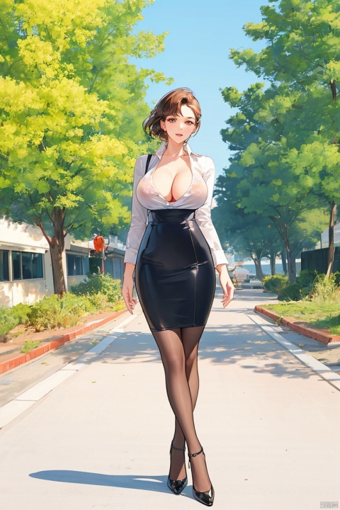  1girl, solo, breasts, looking at viewer, blush, short hair, bangs, skirt, large breasts, brown hair, shirt, long sleeves, cleavage, brown eyes, standing, full body, white shirt, pantyhose, thighs, outdoors, parted lips, sky, day, collared shirt, miniskirt, black skirt, black footwear, huge breasts, high heels, covered nipples, tree, blue sky, see-through, black pantyhose, dress shirt, hand on own chest, pencil skirt, high-waist skirt, bush, office lady, button gap