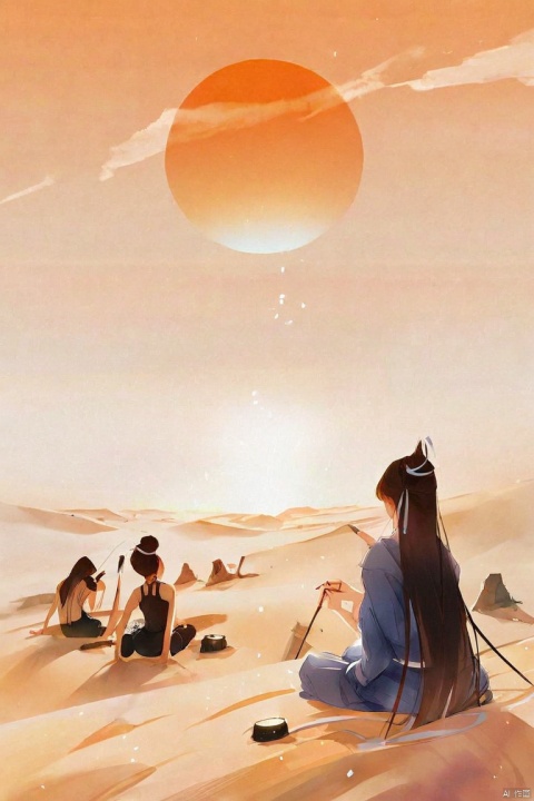  by ajimita, (score_9,score_8_up,score_7_up,score_6_up,score_5_up), ancient chinese style,  in the vast desert, a solitary smoke rises straight; over the long river, the setting sun is round