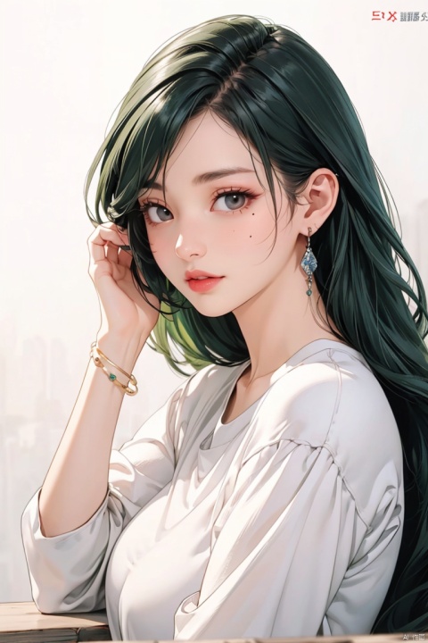  1girl, solo, long green hair, looking at viewer, jewelry, white shirt, upper body, earrings, artist name, mole, bracelet, lips, mole under eye, watermark, adjusting hair, hair behind ear, hair tucking