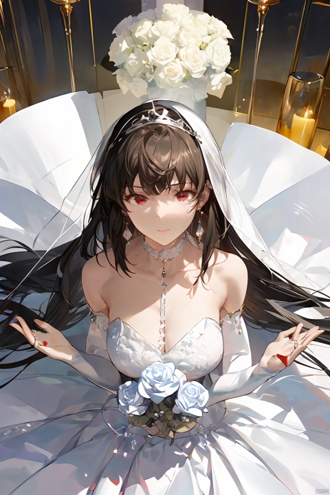 1girl, by sigma,amazing quality,photorealistic,detailed,beautiful color,beautiful,solo, long hair, breasts, bangs, brown hair, black hair, hair ornament, red eyes, dress, bare shoulders, jewelry, closed mouth, upper body, flower, earrings, choker, hair flower, white dress, hands up, strapless, profile, rose, white flower, veil, strapless dress, wedding dress, bridal veil, yor briar