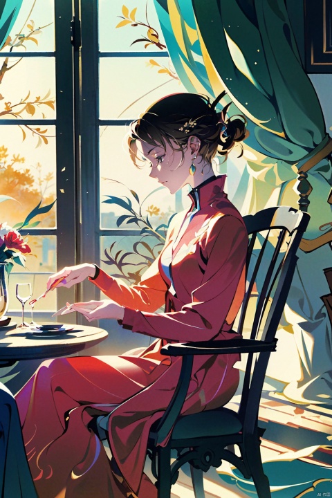 by yoneyama mai, A young girl with short, brown hair sits comfortably indoors, wearing a pink shirt. She has her closed eyes and is relaxed, cradling a cup in one hand. Next to her, a boy sits with a few days' worth of scruffy facial hair, holding onto the edge of the table as if lost in thought. The warm glow of natural light pours in through the window, casting a cozy ambiance over the quiet scene.