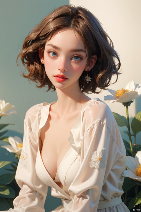 1girl, solo, portrait, side face, breasts, looking at viewer, short hair, blue eyes, large breasts, brown hair, long sleeves, dress, cleavage, sitting, collarbone, flower, parted lips, lips, shirt, makeup, sunlight, plant, white flower, lipstick