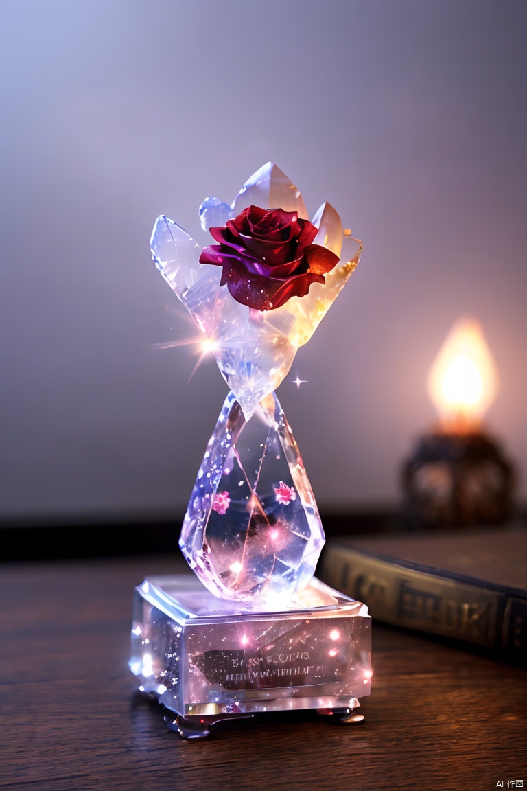 blurry, cnliuli, crystal,sparks,flower, artist name, blurry, english text, book, no humans, sparkle, shadow, rose, red flower, gem, red rose, crystal, still life, cosmetics,