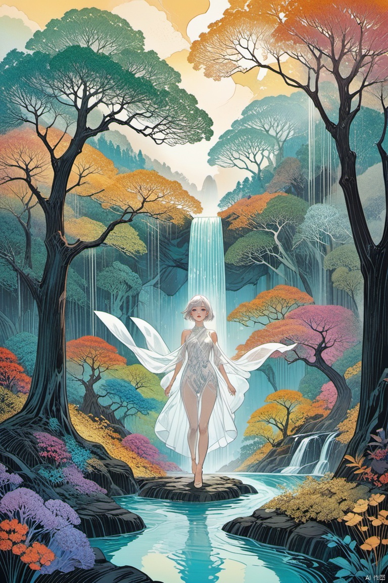  masterpiece, best quality, as7033,,line art,line style,as style,
solo, 1girl, scenery, short hair, tree, white hair, dress, shawl, outdoors, a figure in a flowing, transparent dress flying through a colorful, abstract landscape, The figure appears to be a woman with short hair, and she is surrounded by a variety of colors and patterns, The background features a waterfall, trees, and other natural elements, as well as abstract shapes and patterns, The overall effect is dreamlike and otherworldly, figure, transparent dress, short hair, woman, flying, waterfall, trees, natural elements, abstract shapes, dreamlike, otherworldly