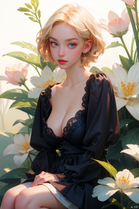 1girl, solo, portrait, side face, breasts, looking at viewer, short hair, blue eyes, huge breasts, large breasts, blonde hair, long sleeves, dress, cleavage, sitting, collarbone, flower, parted lips, lips, shirt, makeup, sunlight, plant, white flower, lipstick