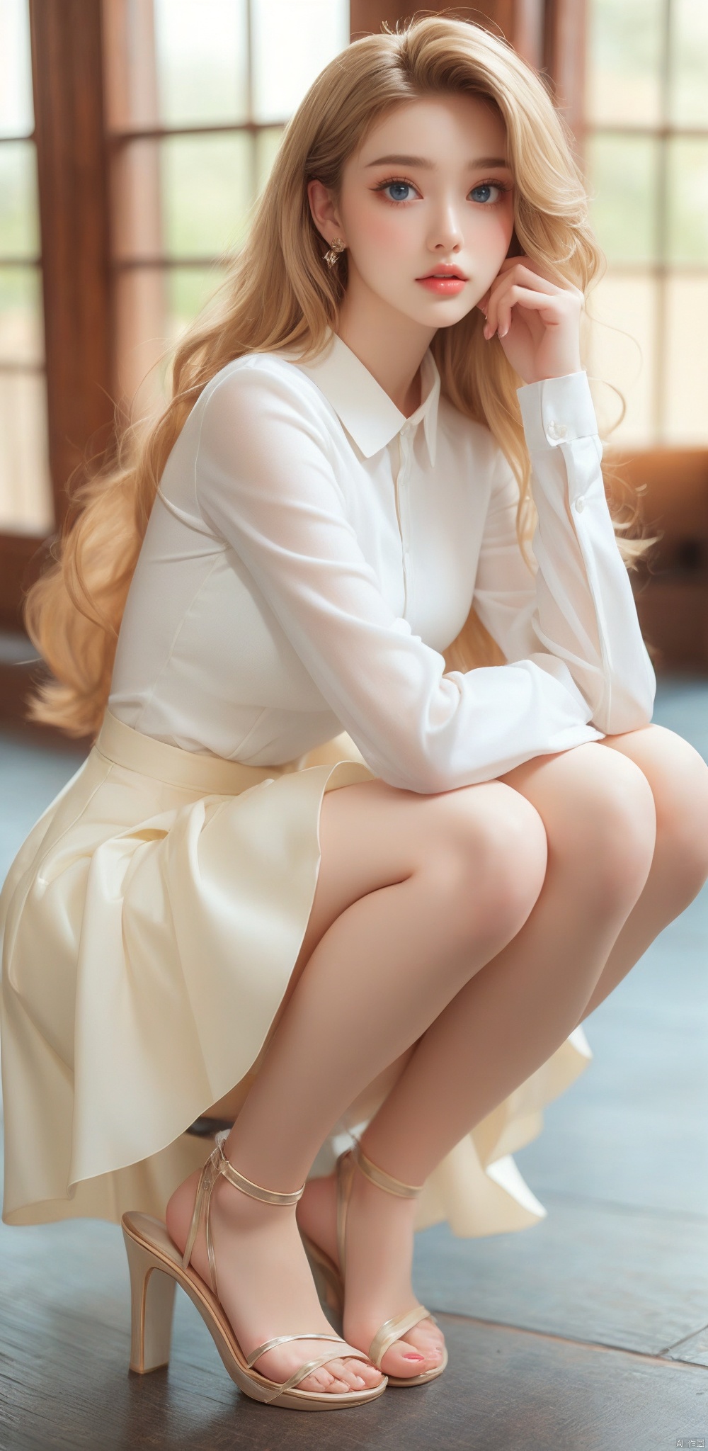 1girl, solo, long hair, looking at viewer, blue eyes, skirt, blonde hair, shirt, long sleeves, full body, parted lips, high heels, lips, toes, sandals, squatting, white footwear, grey shirt, toenails, realistic, toeless footwear, photo background