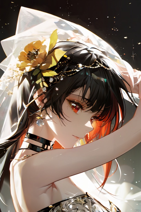  1girl, by agm, amazing quality,photorealistic,detailed,beautiful color,beautiful,solo, long hair, breasts, bangs, brown hair, black hair, hair ornament, red eyes, dress, bare shoulders, jewelry, closed mouth, upper body, flower, earrings, choker, hair flower, white dress, hands up, strapless, profile, rose, white flower, veil, strapless dress, wedding dress, bridal veil, yor briar, qianjin