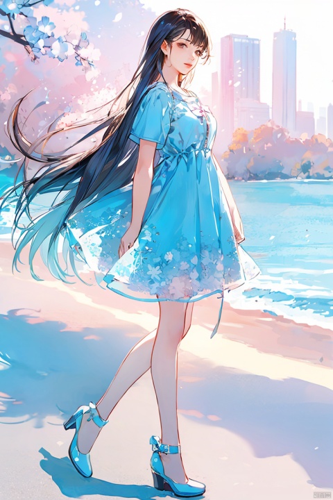  1girl, by arutera,amazing quality,photorealistic,detailed,beautiful color,beautiful,solo, long hair, breasts, looking at viewer, black hair, dress, standing, full body, short sleeves, lips, blue dress, shadow, short dress, white footwear, blue shirt, realistic, arms at sides