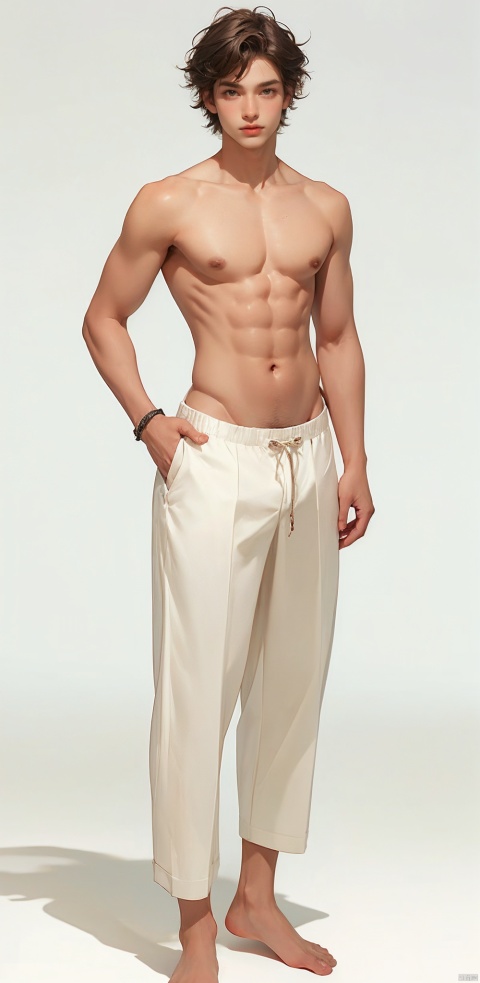solo, 1boy, white background, navel, standing, male focus, barefoot, pants, bulge, topless male