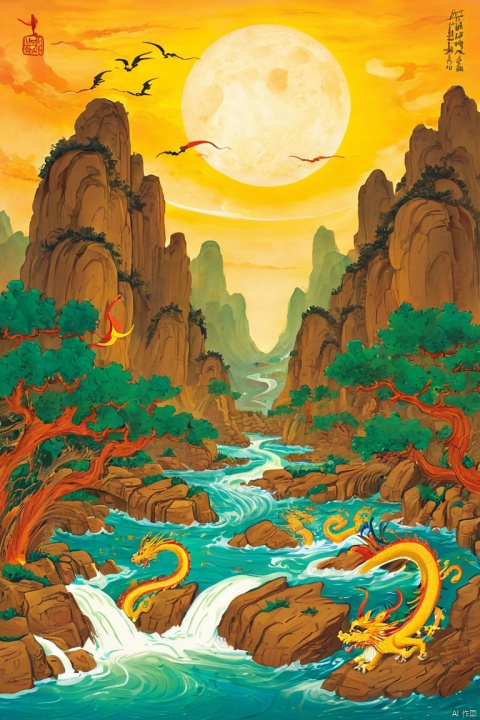  by chi4, (score_9,score_8_up,score_7_up,score_6_up,score_5_up), ancient chinese style,  
Above, the dragon of the sun and the phoenix of moon return to their lofty standard; below, there are rapids that rush against the current, turning back like a winding river,