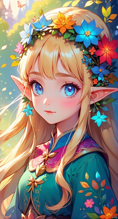 Illustrative style,1girl,front view,full body:1.4,young woman elf,cute cartoon character,She wore a garland of flowers on her head,Long blonde hair,blue eyes,vibrant colors,colorful,cute,adorable,intricately-detailed,delicate,beautiful,stunning,breathtaking,intricate detail,insanely high detail,volumetric lighting,fantasy background.flat,best quality,TT seecolor Flower field,
,