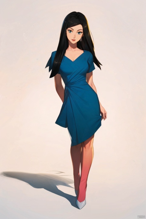  1girl, by hata,amazing quality,photorealistic,detailed,beautiful color,beautiful,solo, long hair, breasts, looking at viewer, black hair, dress, standing, full body, short sleeves, lips, blue dress, shadow, short dress, white footwear, blue shirt, realistic, arms at sides