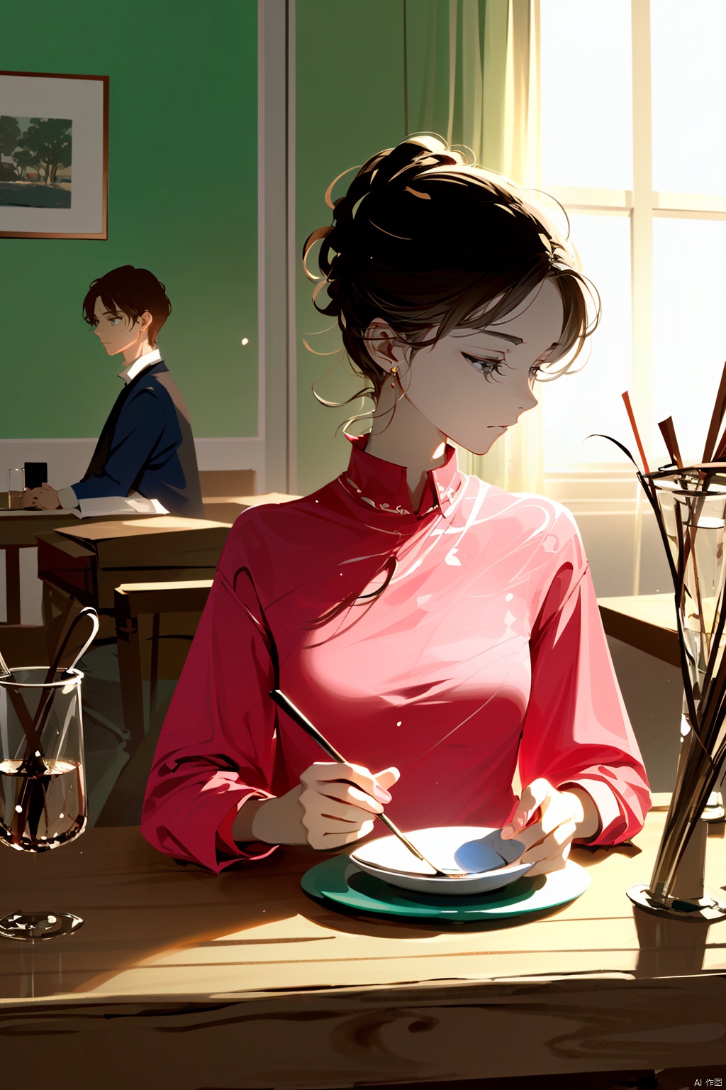 by narue, A young girl with short, brown hair sits comfortably indoors, wearing a pink shirt. She has her closed eyes and is relaxed, cradling a cup in one hand. Next to her, a boy sits with a few days' worth of scruffy facial hair, holding onto the edge of the table as if lost in thought. The warm glow of natural light pours in through the window, casting a cozy ambiance over the quiet scene.