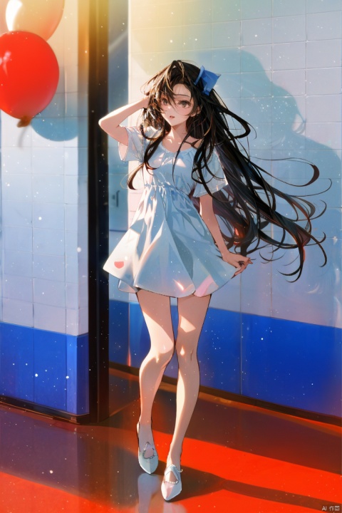 1girl, by arutera,amazing quality,photorealistic,detailed,beautiful color,beautiful,solo, long hair, breasts, looking at viewer, black hair, dress, standing, full body, short sleeves, lips, blue dress, shadow, short dress, white footwear, blue shirt, realistic, arms at sides