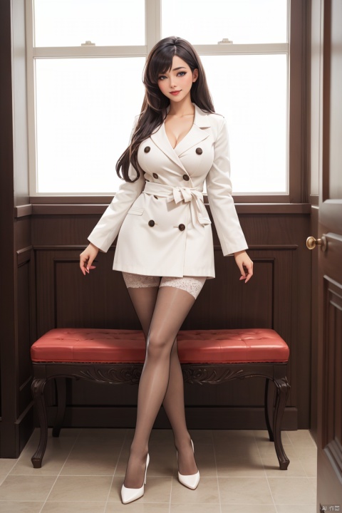 1girl, solo, long hair, breasts, looking at viewer, blush, smile, bangs, blue eyes, black hair, long sleeves, sitting, very long hair, closed mouth, full body, pantyhose, shoes, indoors, high heels, coat, legs, window, buttons, white footwear, crossed legs, plant, white pantyhose, thighband pantyhose, white coat, double-breasted, blinds, seductive eyes