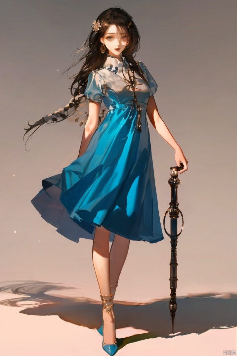  1girl, by sho,amazing quality,photorealistic,detailed,beautiful color,beautiful,solo, long hair, breasts, looking at viewer, black hair, dress, standing, full body, short sleeves, lips, blue dress, shadow, short dress, white footwear, blue shirt, realistic, arms at sides