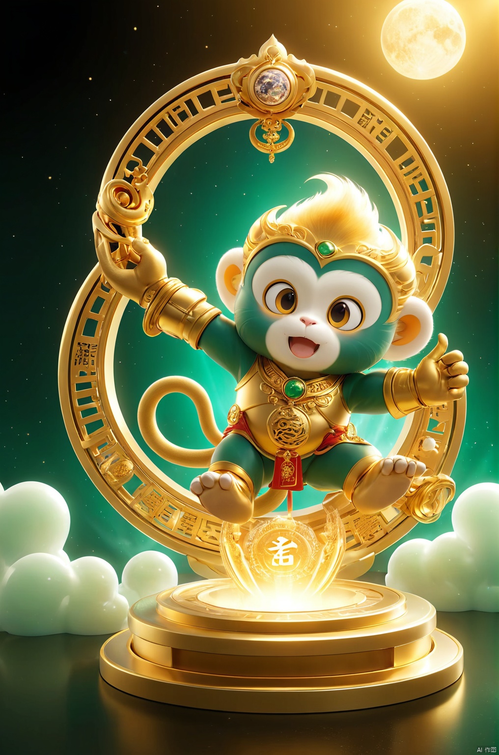  3D_style
The golden monkey rises with a thousand-catty rod, and the jade universe clears up ten thousand miles of dust.

professional 3d model, anime artwork pixar, 3d style, good shine, OC rendering, highly detailed, volumetric, dramatic lighting,