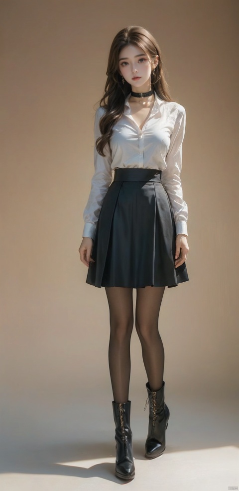  1girl, solo, long hair, breasts, looking at viewer, skirt, simple background, brown hair, shirt, long sleeves, white background, brown eyes, closed mouth, standing, full body, pantyhose, boots, choker, black skirt, black footwear, black choker, blue shirt, high-waist skirt, long skirt, brown pantyhose, Light master