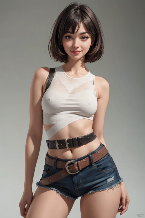 1girl, solo, smile, short hair, bangs, simple background, white background, sleeveless, belt, scar, bandages, messy hair, scar on face, hatching \(texture\), burn scar