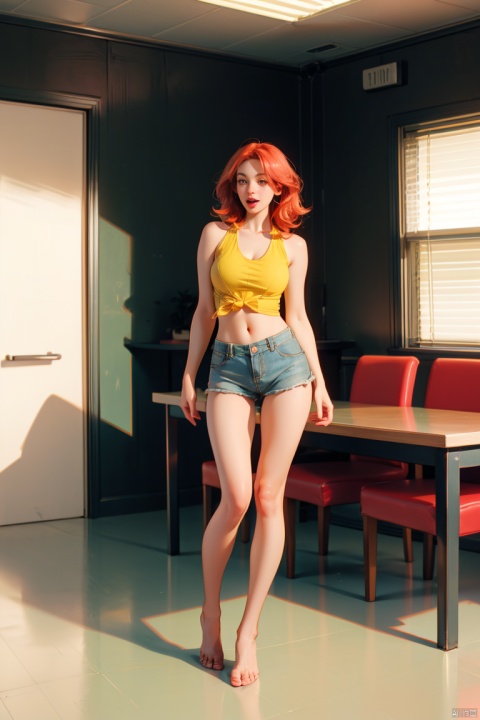 1girl, solo, breasts, open mouth, large breasts, cleavage, bare shoulders, standing, full body, red hair, shorts, barefoot, indoors, medium hair, short shorts, covered navel, table, tank top, yellow shorts