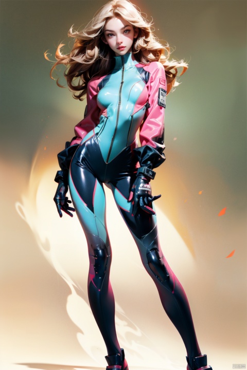 1girl, solo, long hair, breasts, looking at viewer, large breasts, simple background, brown hair, gloves, long sleeves, holding, brown eyes, standing, full body, weapon, holding weapon, lips, gradient, gradient background, bodysuit, covered navel, thigh strap, toes, skin tight
