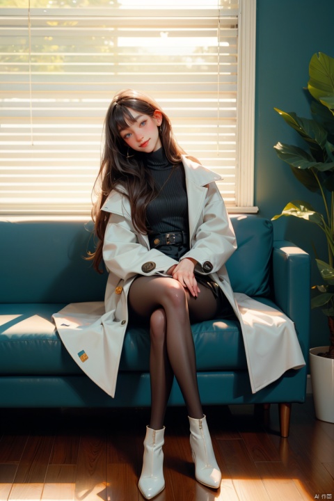 1girl, solo, long hair, breasts, looking at viewer, blush, smile, bangs, blue eyes, black hair, long sleeves, sitting, very long hair, closed mouth, full body, pantyhose, shoes, indoors, high heels, coat, legs, window, buttons, white footwear, crossed legs, plant, white pantyhose, thighband pantyhose, white coat, double-breasted, blinds