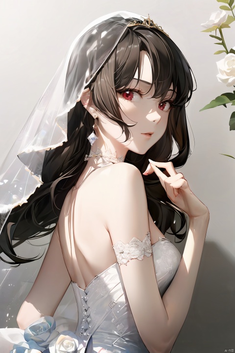 1girl, by lam, amazing quality,photorealistic,detailed,beautiful color,beautiful,solo, long hair, breasts, bangs, brown hair, black hair, hair ornament, red eyes, dress, bare shoulders, jewelry, closed mouth, upper body, flower, earrings, choker, hair flower, white dress, hands up, strapless, profile, rose, white flower, veil, strapless dress, wedding dress, bridal veil, yor briar