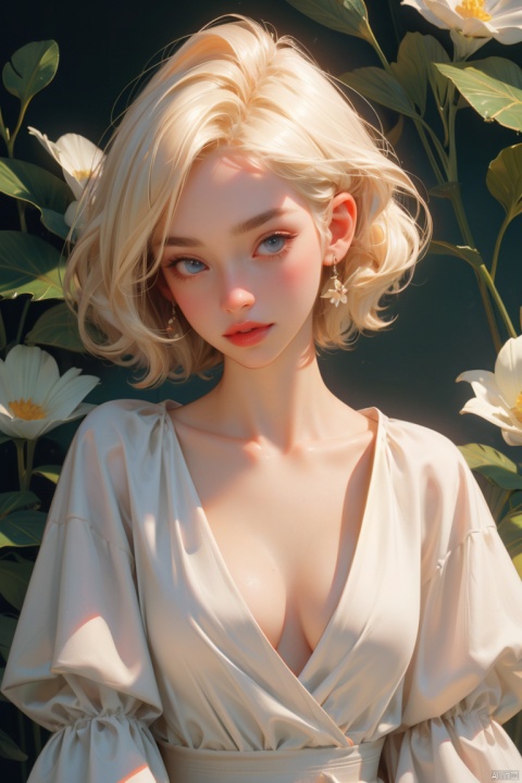 1girl, solo, portrait, side face, breasts, looking at viewer, short hair, blue eyes, large breasts, blonde hair, long sleeves, dress, cleavage, sitting, collarbone, flower, parted lips, lips, shirt, makeup, sunlight, plant, white flower, lipstick