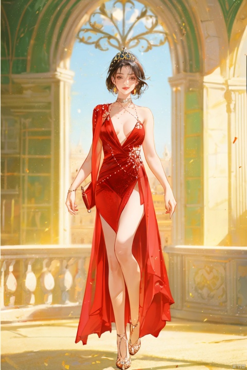  1girl, solo, looking at viewer, black hair, dress, holding, brown eyes, jewelry, standing, full body, earrings, indoors, black footwear, blurry, red dress, realistic, red lips, carpet